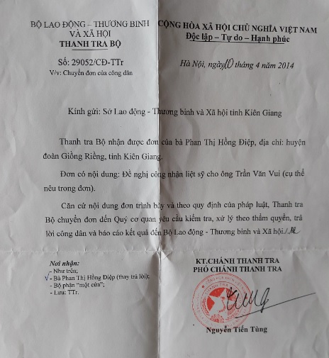 Công văn của Thanh tra Bộ lao động thương binh và xã hội trả lời bà Phan Thị Hồng Điệp