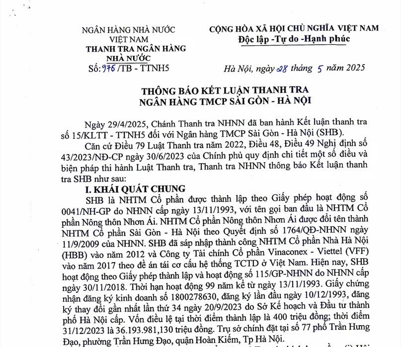Thanh tra Ngân hàng Nhà nước thông báo kết luận thanh tra Ngân hang TMCP Sài Gòn – Hà Nội